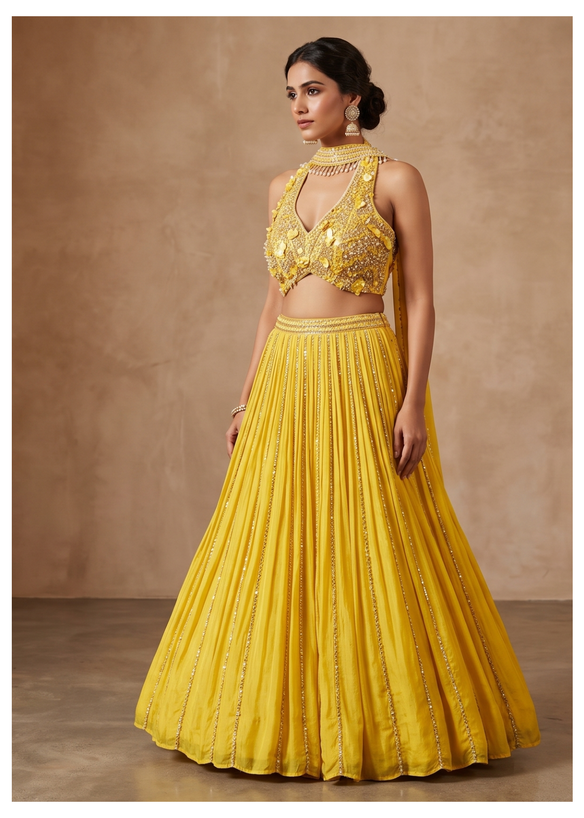 Bright Yellow Pleated Georgette Lehenga Set with 3D Floral Blouse