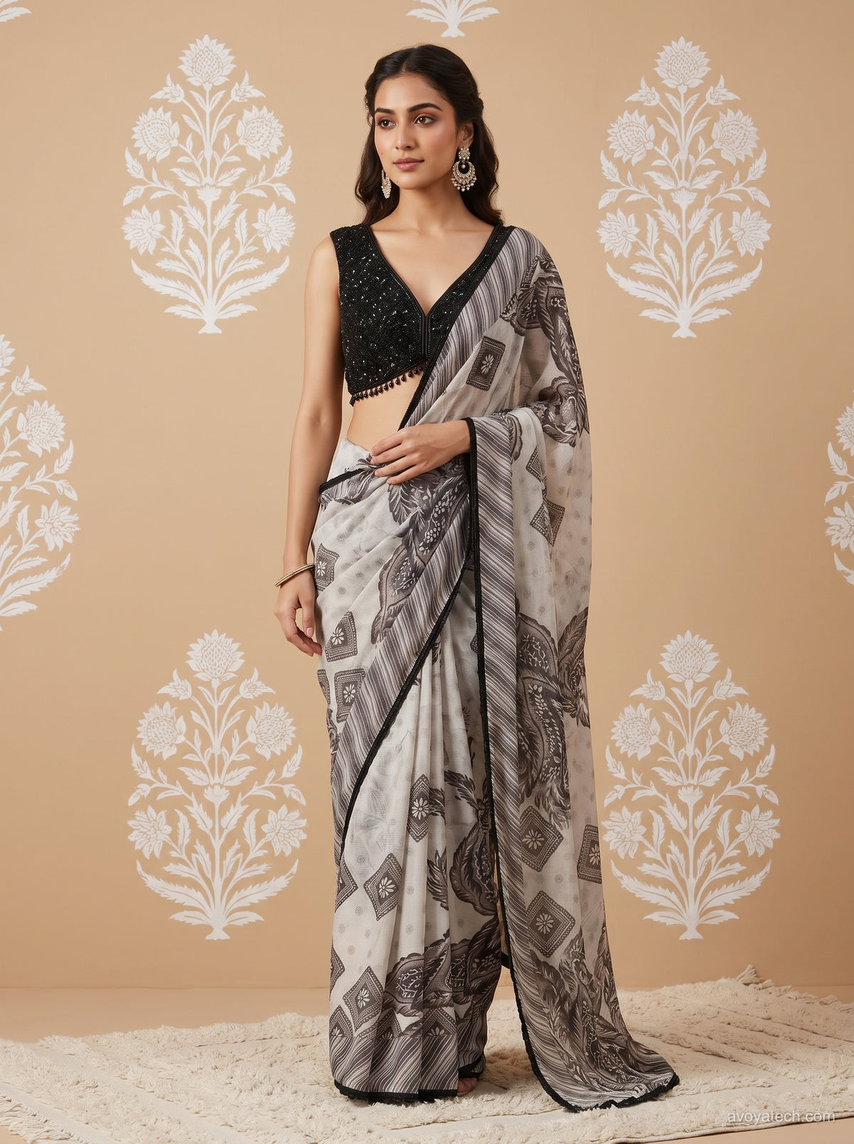 Black & White Printed Saree with Stylish Designer Border