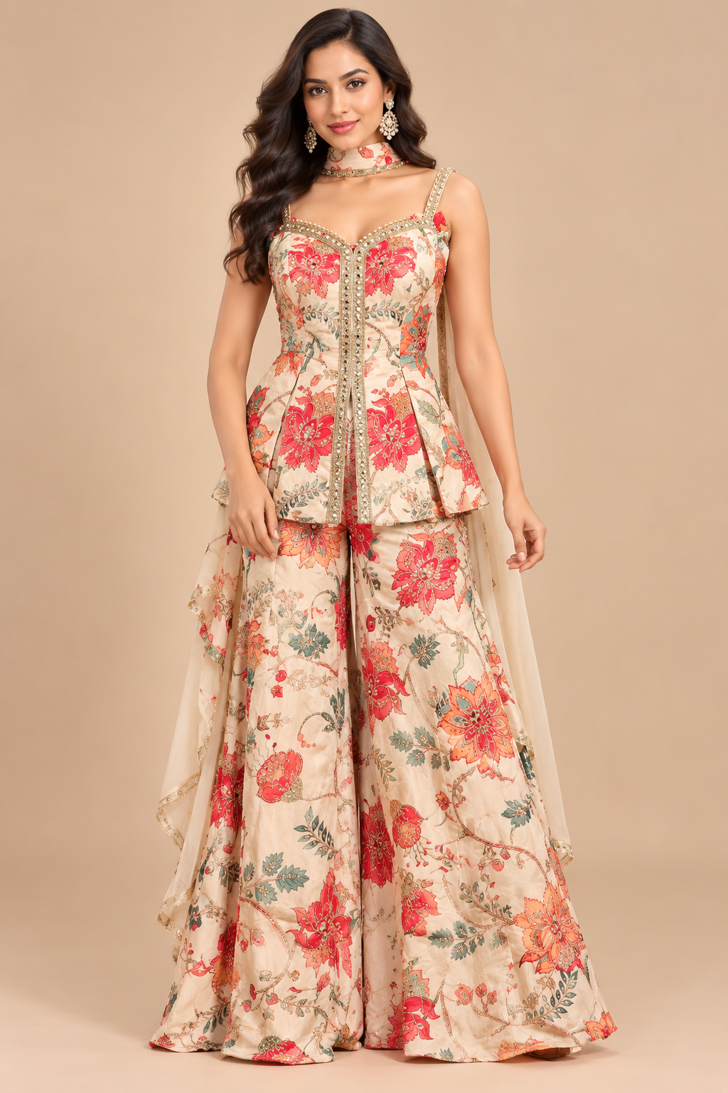Ivory & Coral Floral Embroidered Peplum Corset, Flared Sharara & Cape Drape Set