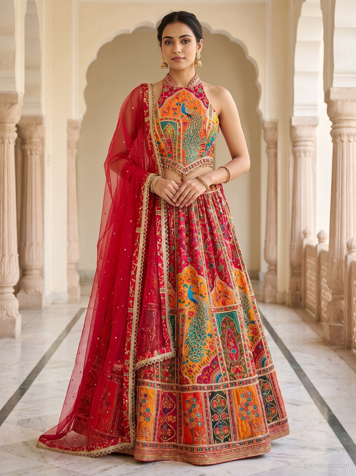 Crimson Red Peacock Heritage Printed Lehenga Choli Set