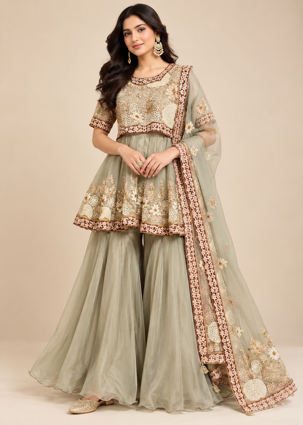 Sage Green Embroidered Peplum Sharara Set