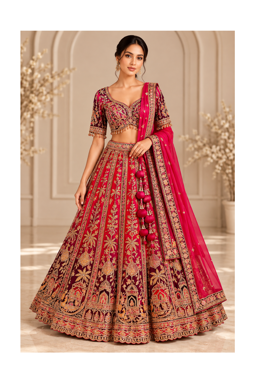 Rani Pink Velvet Zardozi Bridal Lehenga Main image