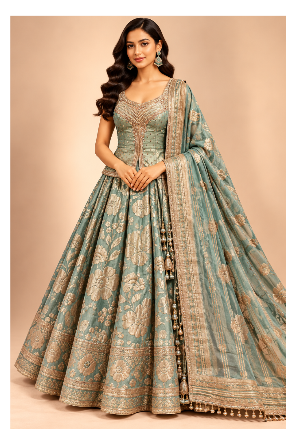Sage-Mint Floral Jacquard Corset Peplum, Flared Lehenga