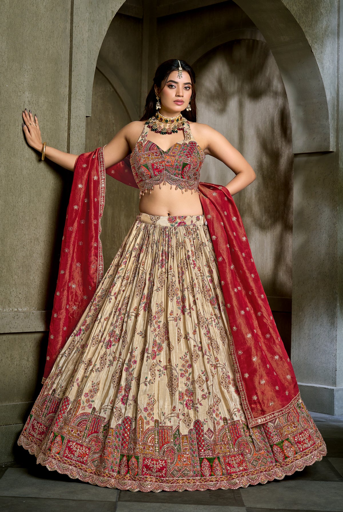Beige & Crimson Heritage Patchwork Halter Bridal Lehenga Main image