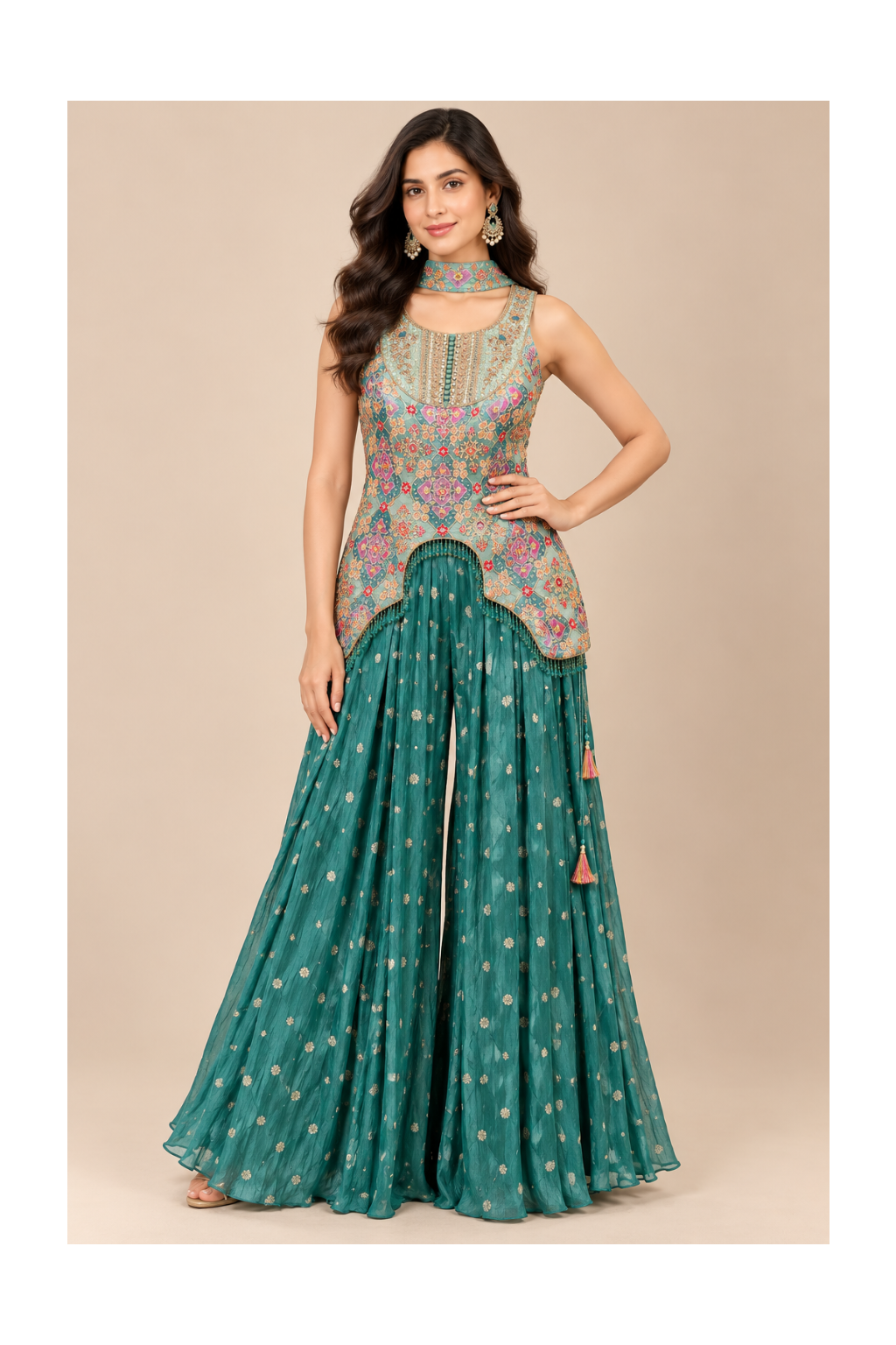 Teal Green Embroidered Asymmetrical Tunic & Sharara Set