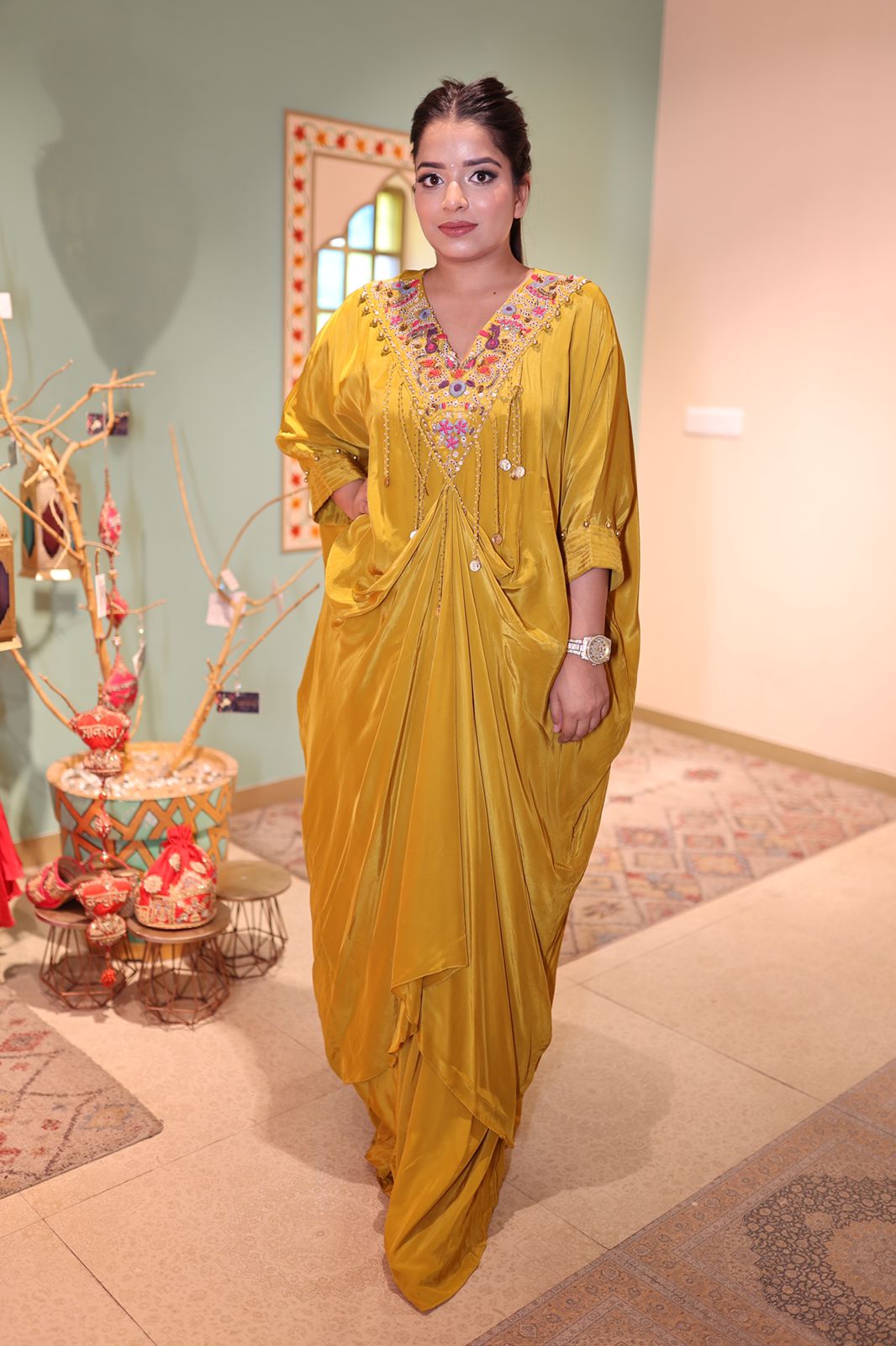 Elegant Yellow Silk Western Dress for Plus Size