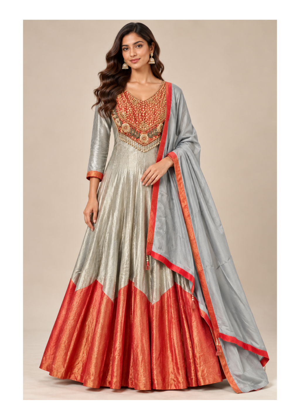 Silver Grey Embroidered Anarkali Suit Set