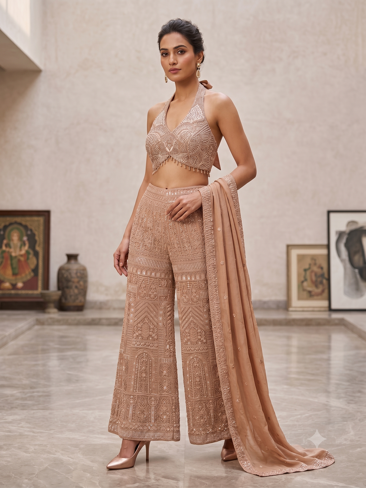 Rose Gold Chikankari &amp; Sequin Halter Palazzo Set