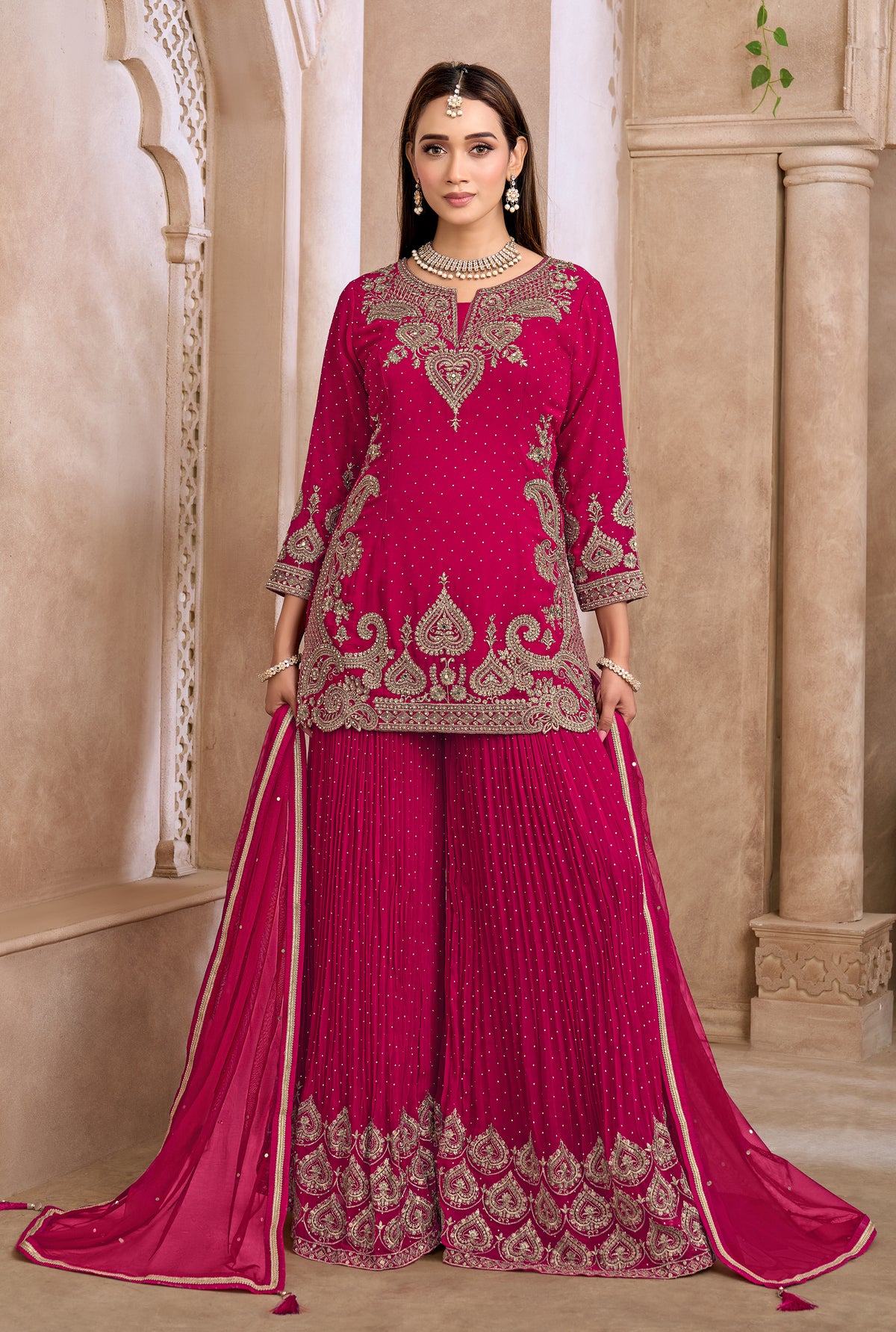 Rani Pink Embroidered Kurti & Sharara Set