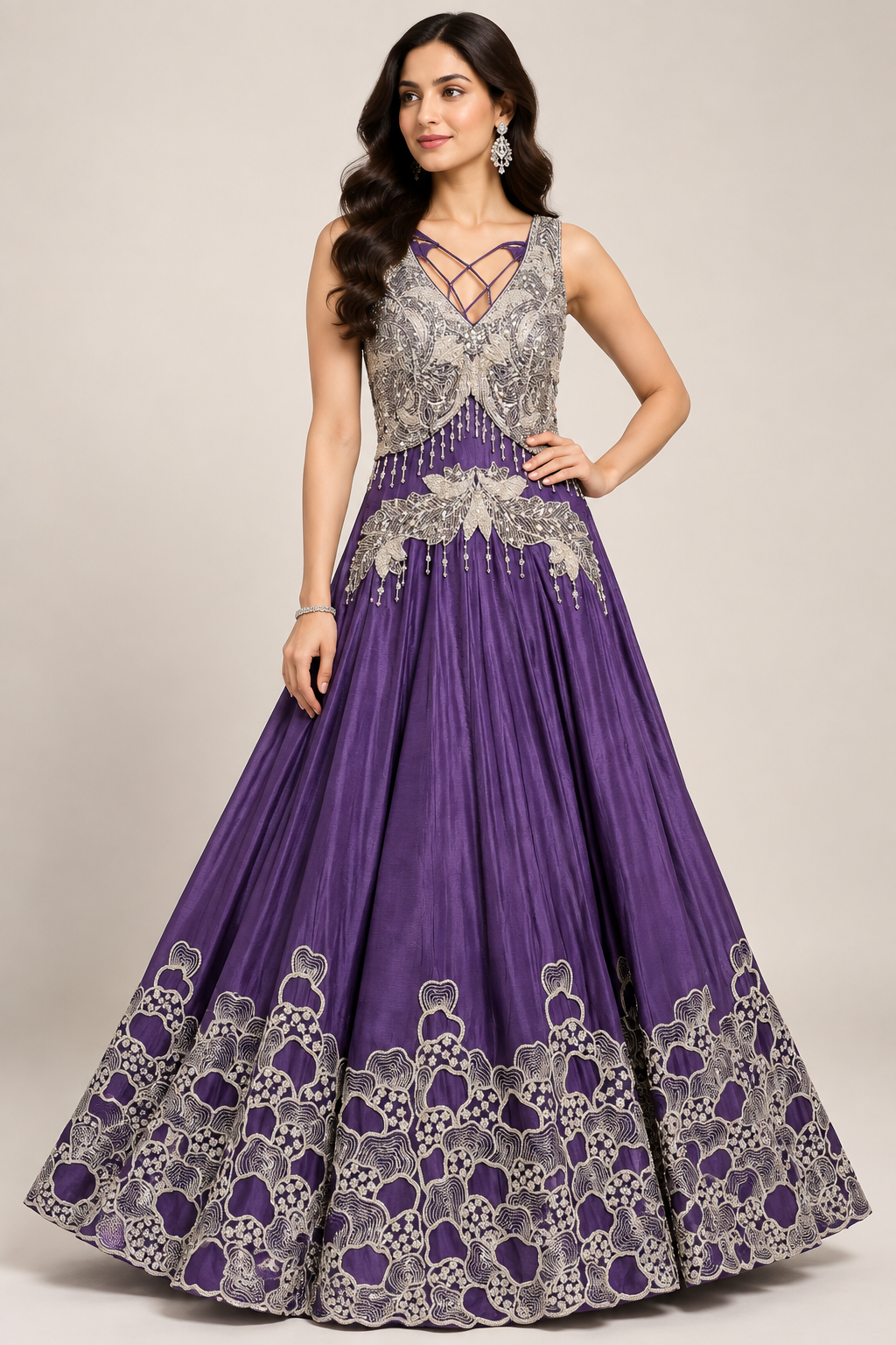 Deep Purple Embellished Gown with Short Waistcoat Jacket Set