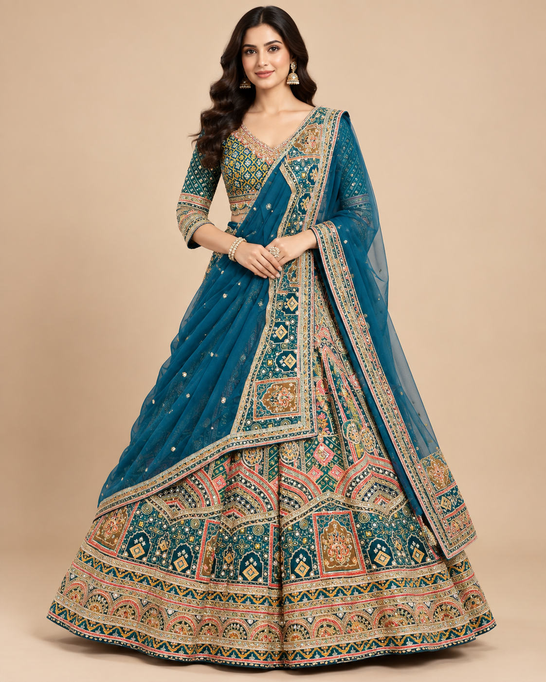 Peacock Teal Heavily Embellished Kalidar Bridal Lehenga Set