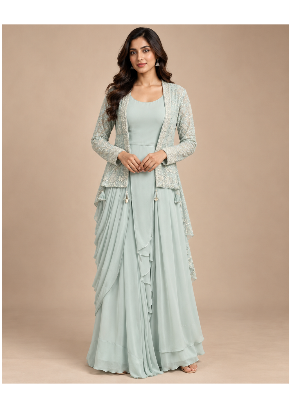 Sage Green Embroidered Jacket Layered Gown Main image