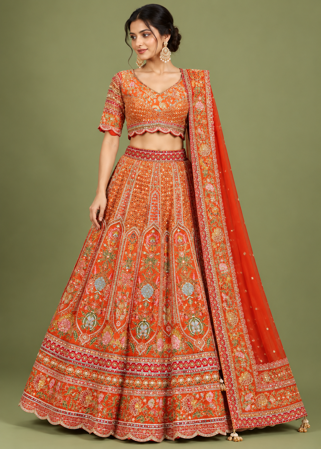 Tangerine Orange Embroidered Heritage Festive Lehenga