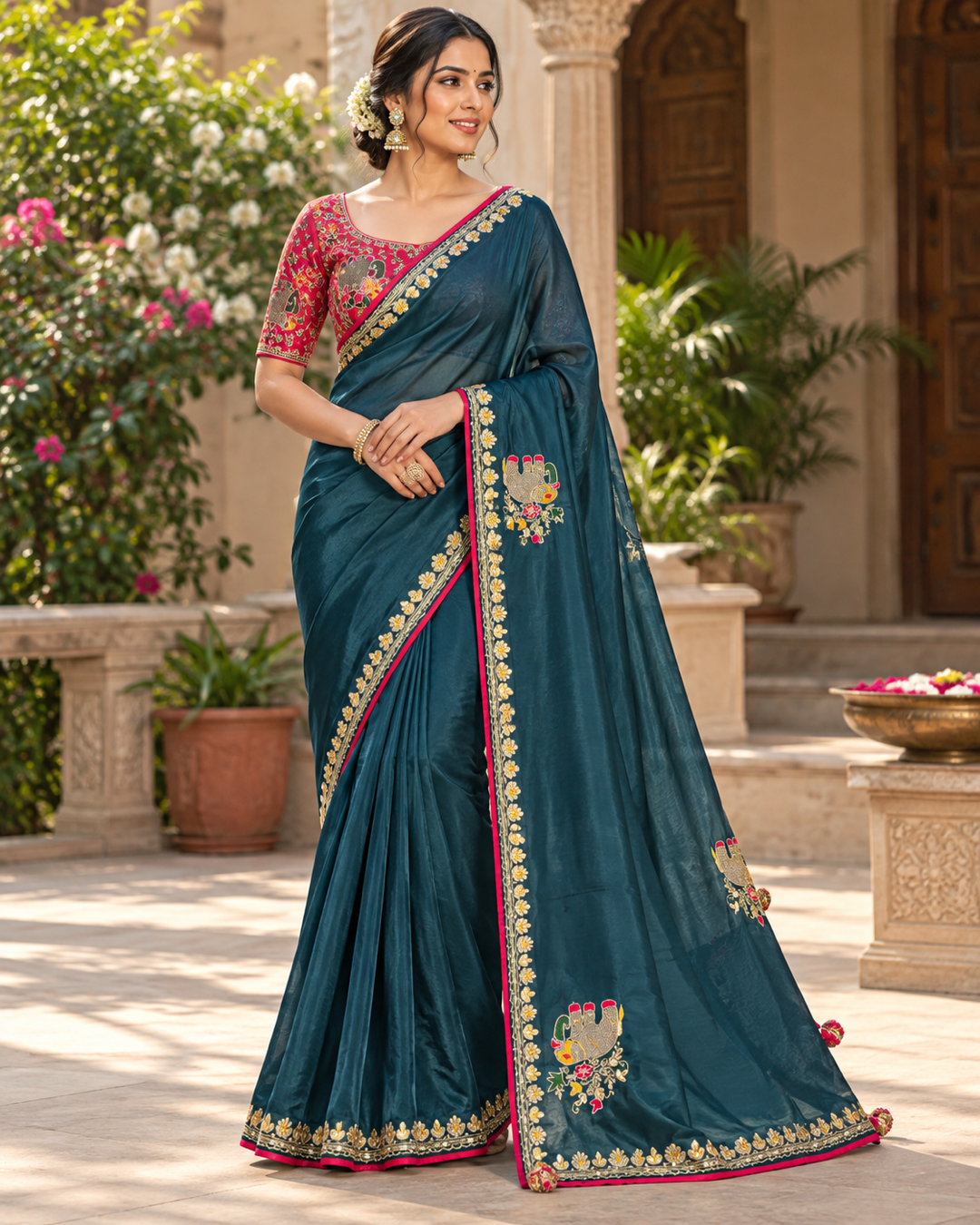 Deep Teal Embroidered Elephant Saree Main image