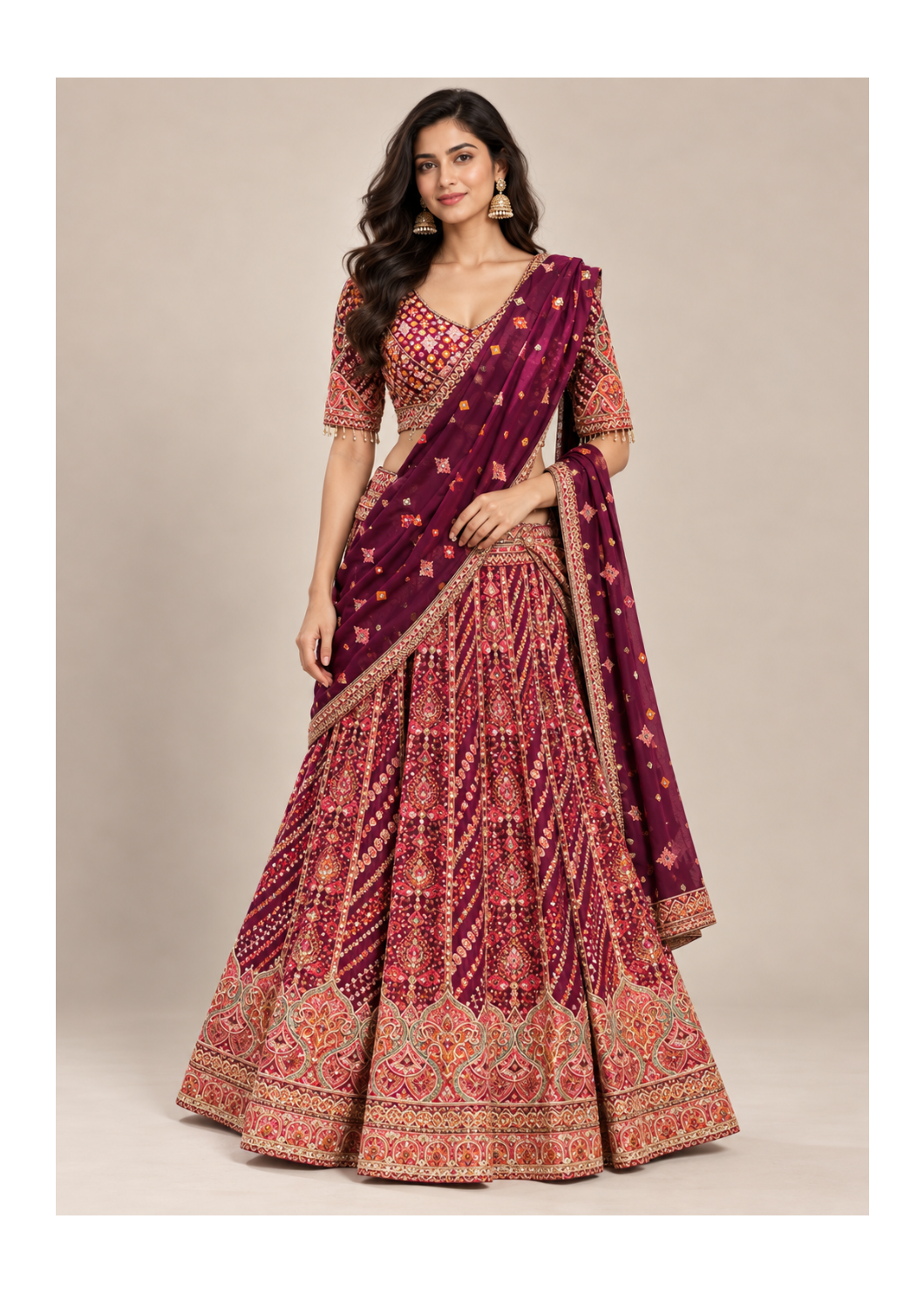 Wine Red Embroidered Bridal Lehenga Set
