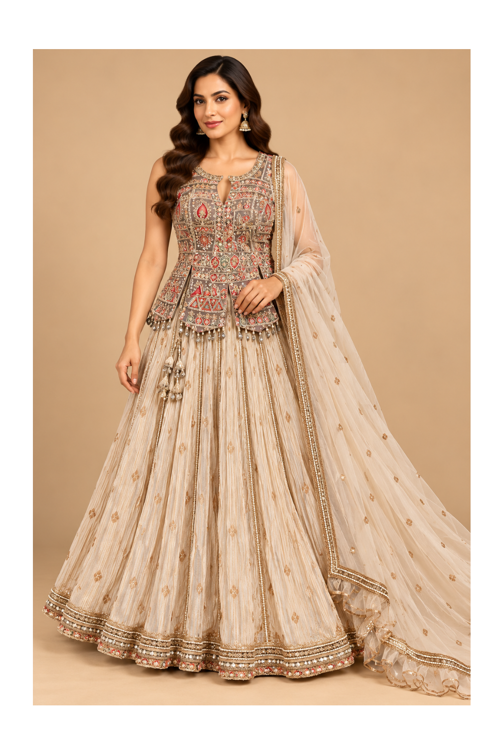 Taupe-Grey Folkloric Embroidered Corset Peplum, Pleated Lehenga Main image