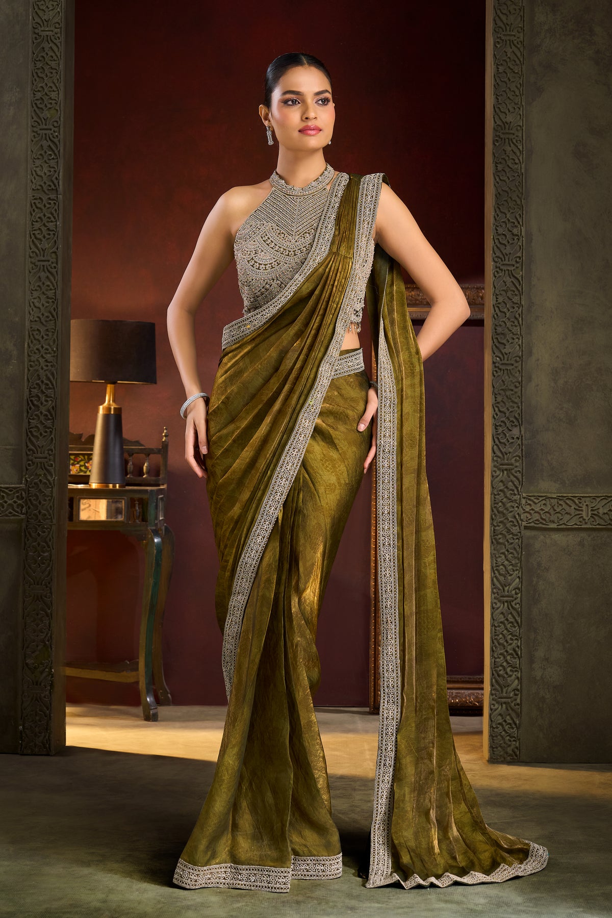 Olive Bronze Metallic Pre-Draped Saree Ensemble