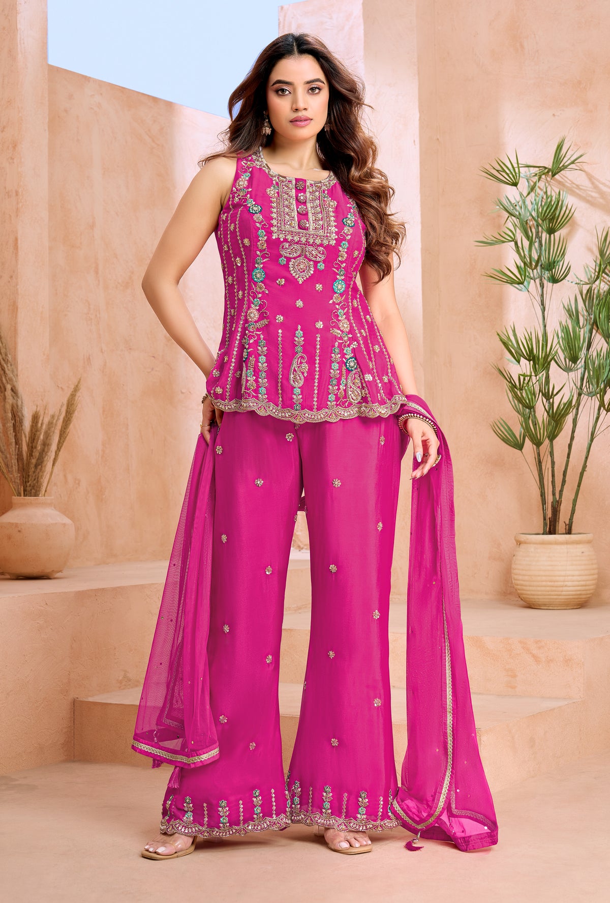 Rani Pink Peplum Tunic & Flared Palazzo Set