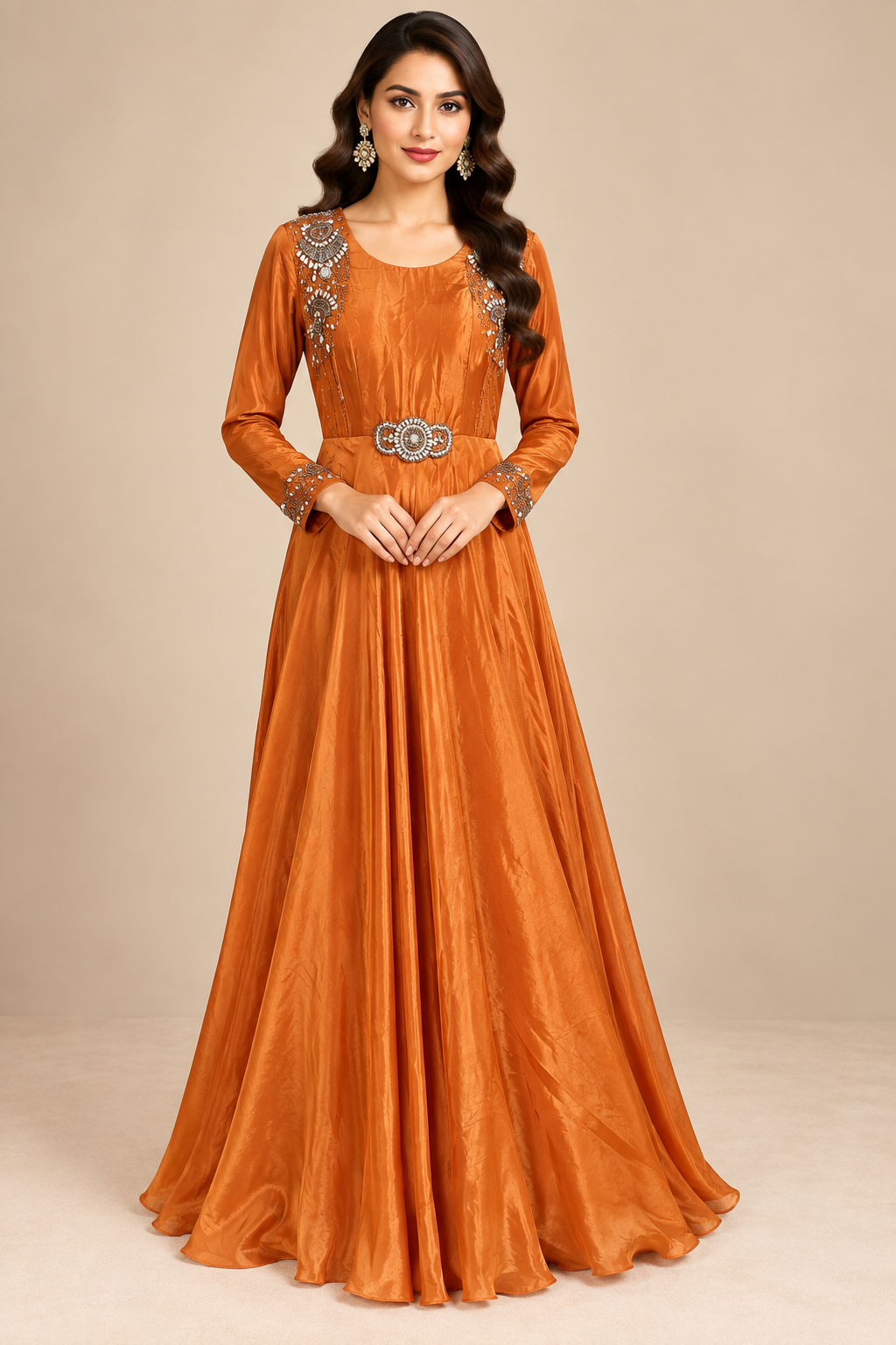 Tangerine Ochre Hand-Embroidered Tissue Silk Flared Evening Gown with Embellished Waist Buckle