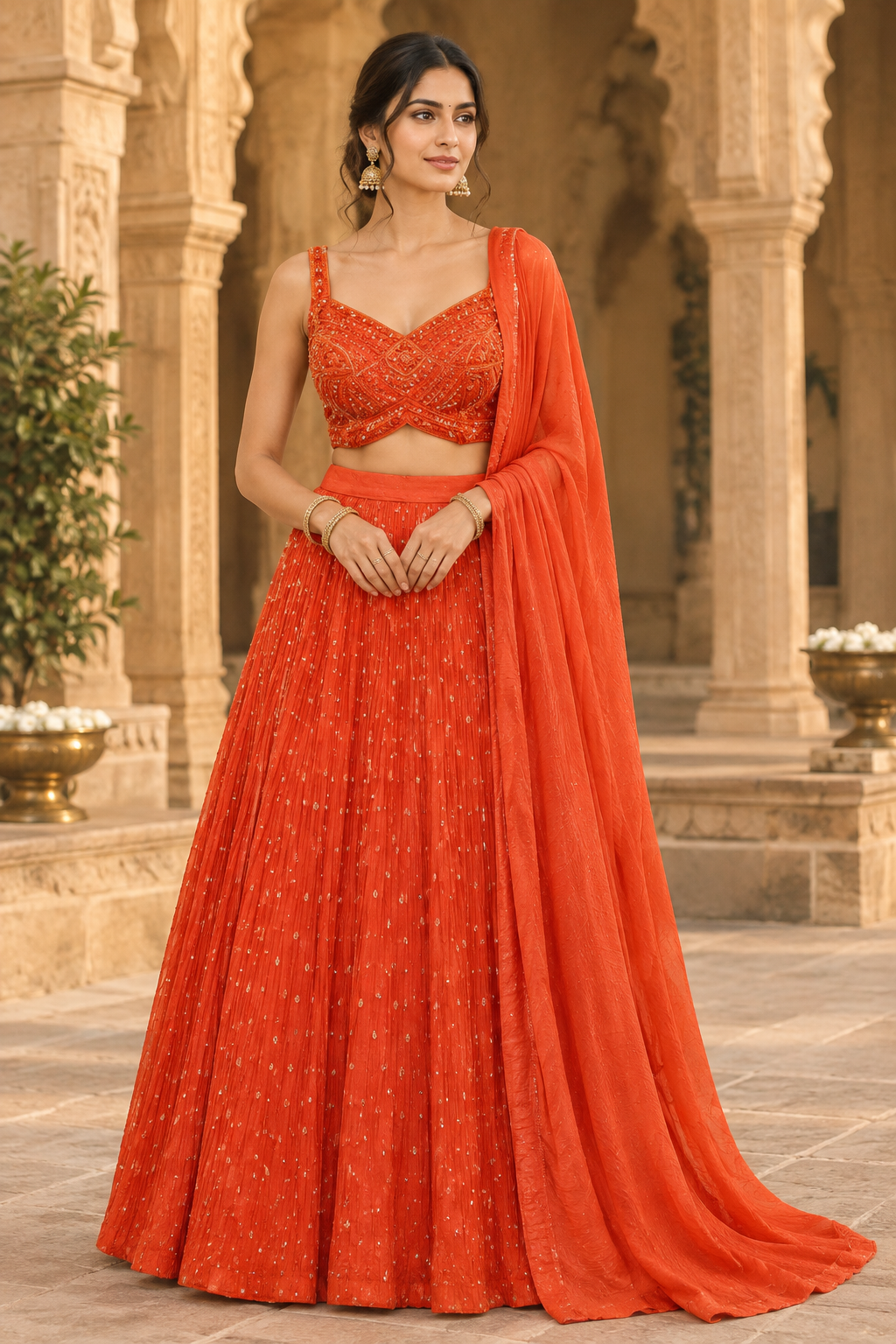 Rust Crimson Pleated Lehenga Set