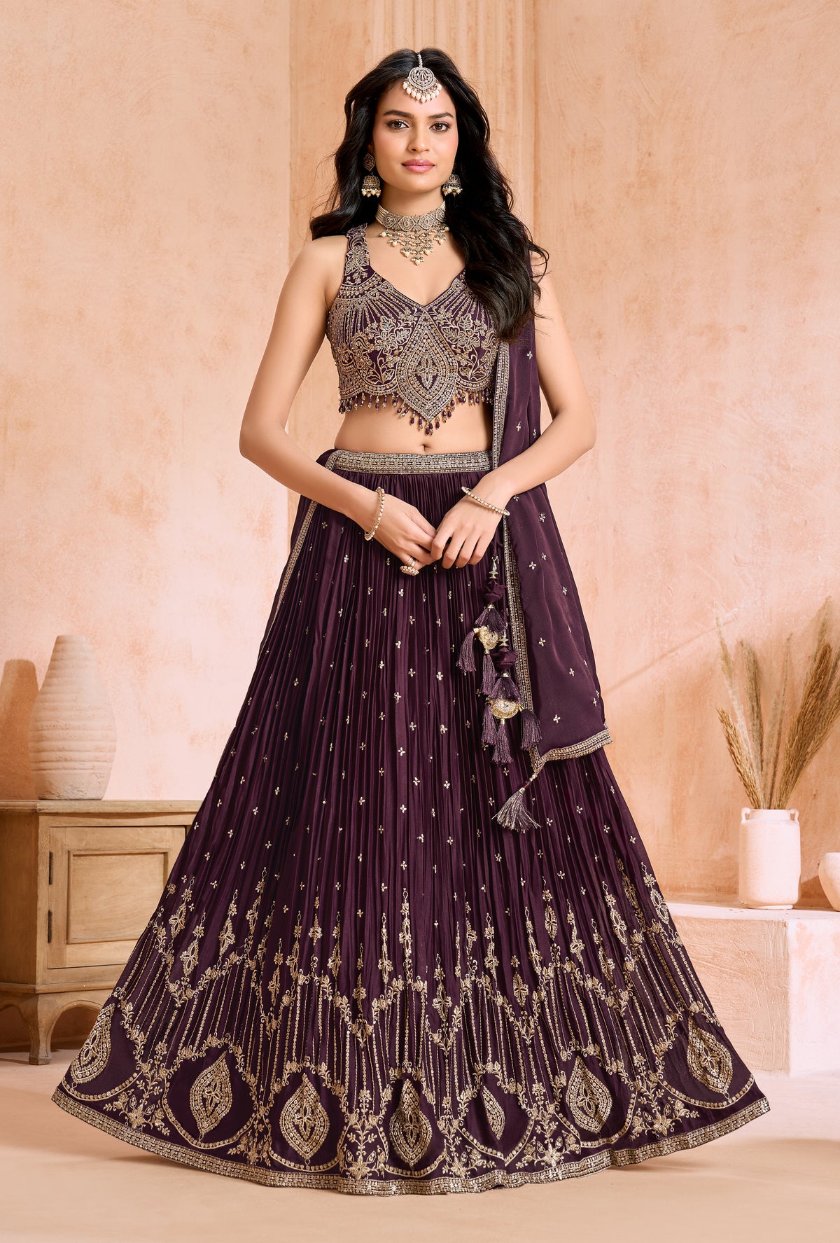 Deep Plum Pleated Embroidered Bridal Lehenga Set
