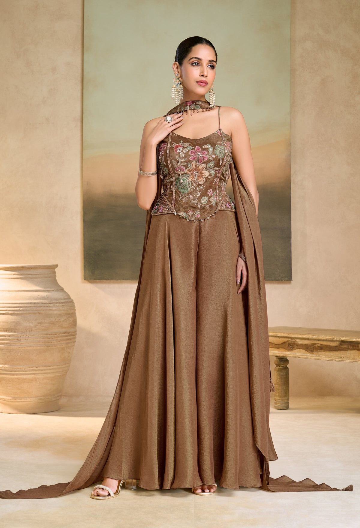 Mocha Bronze Corset Bodice & Flared Palazzo Ensemble Main image