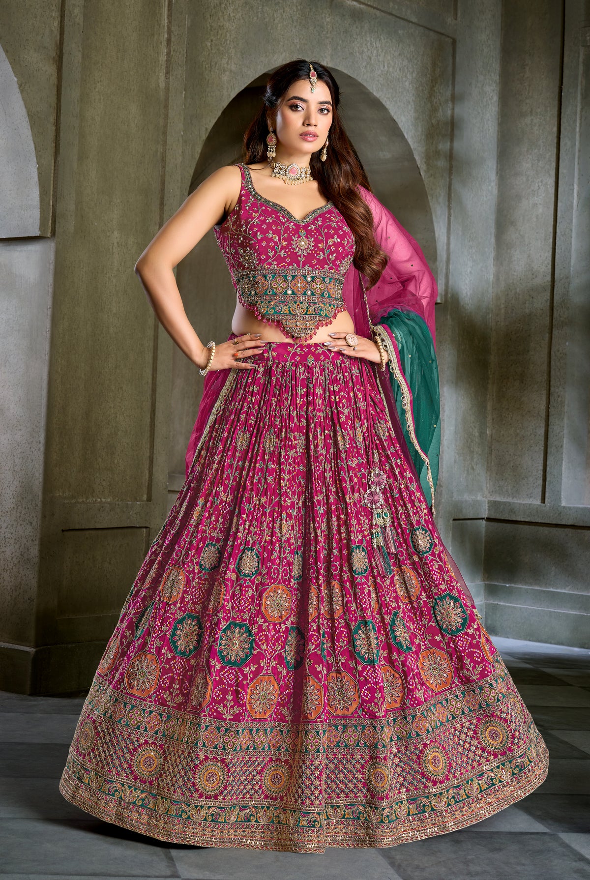 Magenta Pink Heritage Bandhani & Zardozi Bridal Lehenga Set Main image