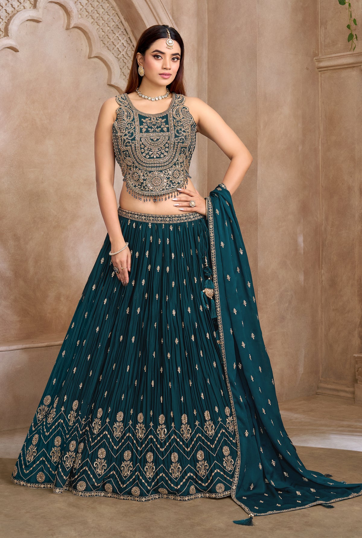 Deep Teal Pleated Embroidered Bridal Lehenga Set Main image