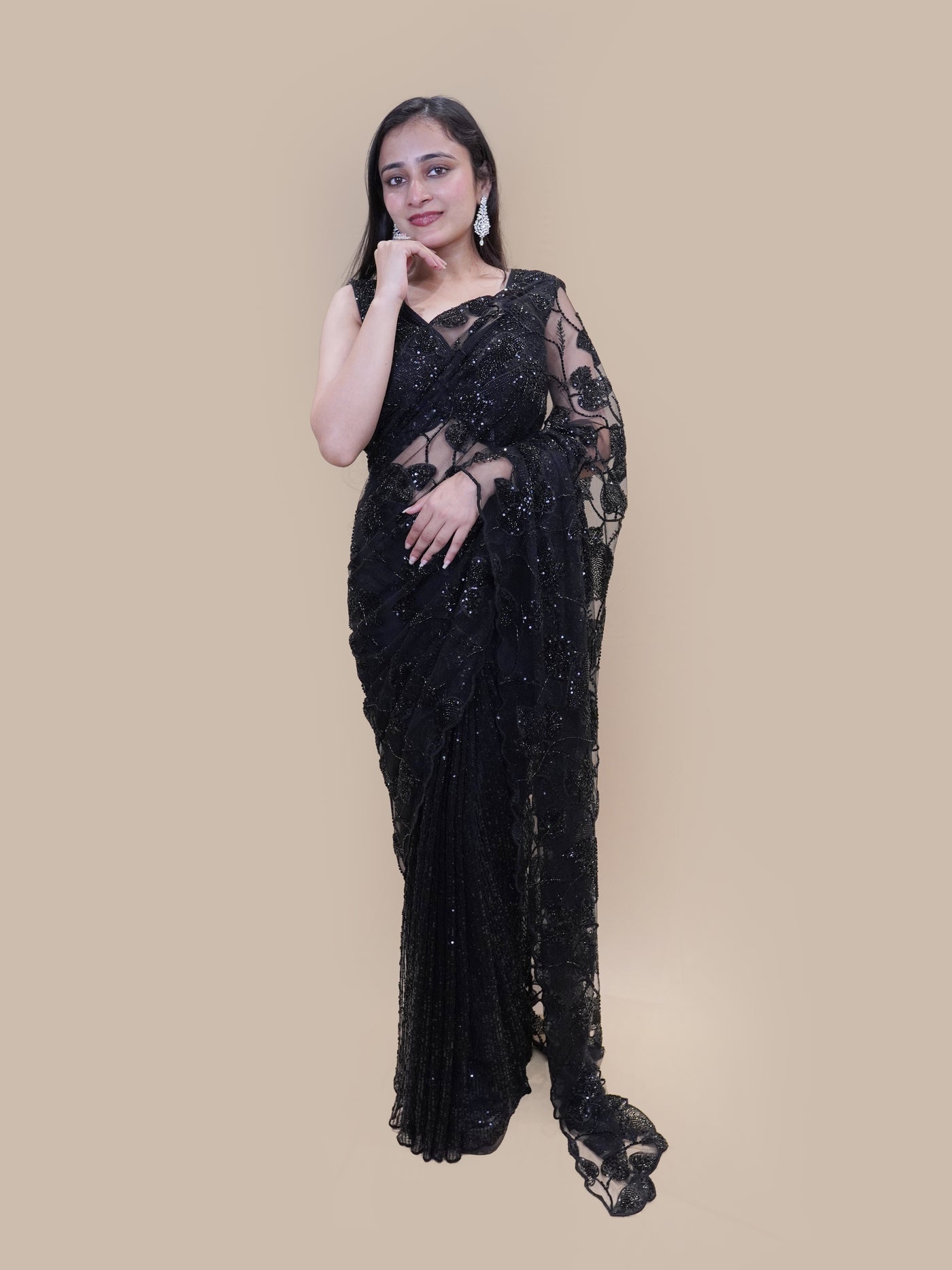 Black Net Saree with Heavy Silver Sequined Border (25407 GS-140)