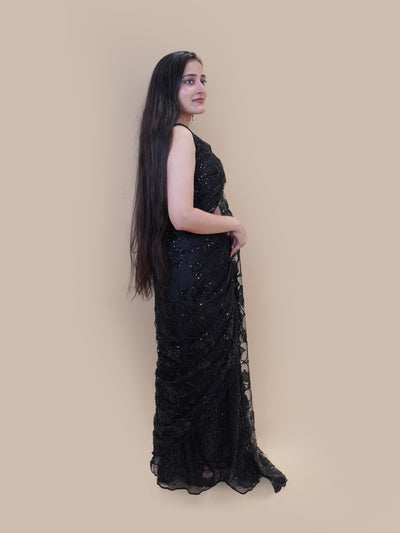 Black Net Saree with Heavy Silver Sequined Border (25407 GS-140)