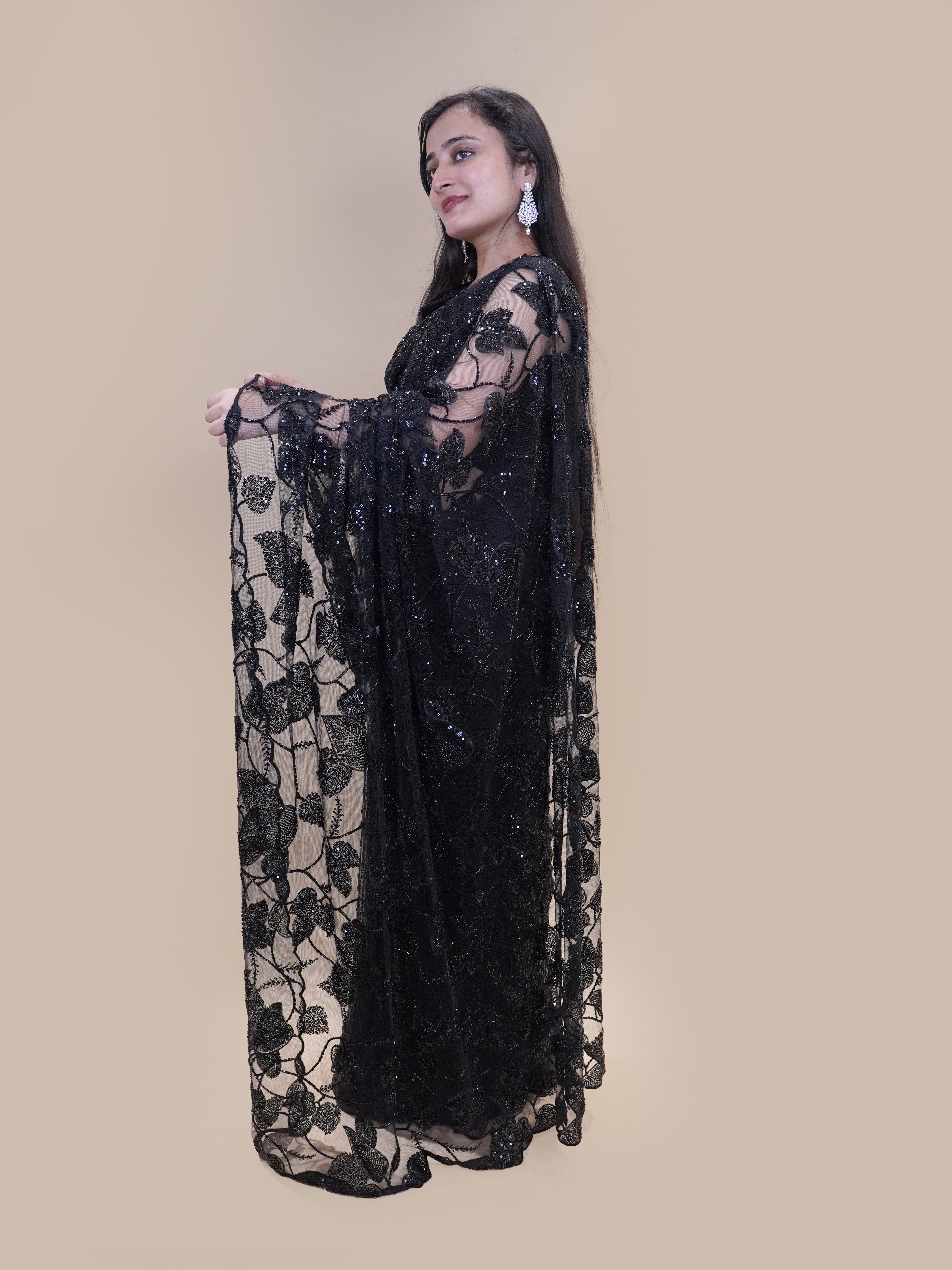 Black Net Saree with Heavy Silver Sequined Border (25407 GS-140)