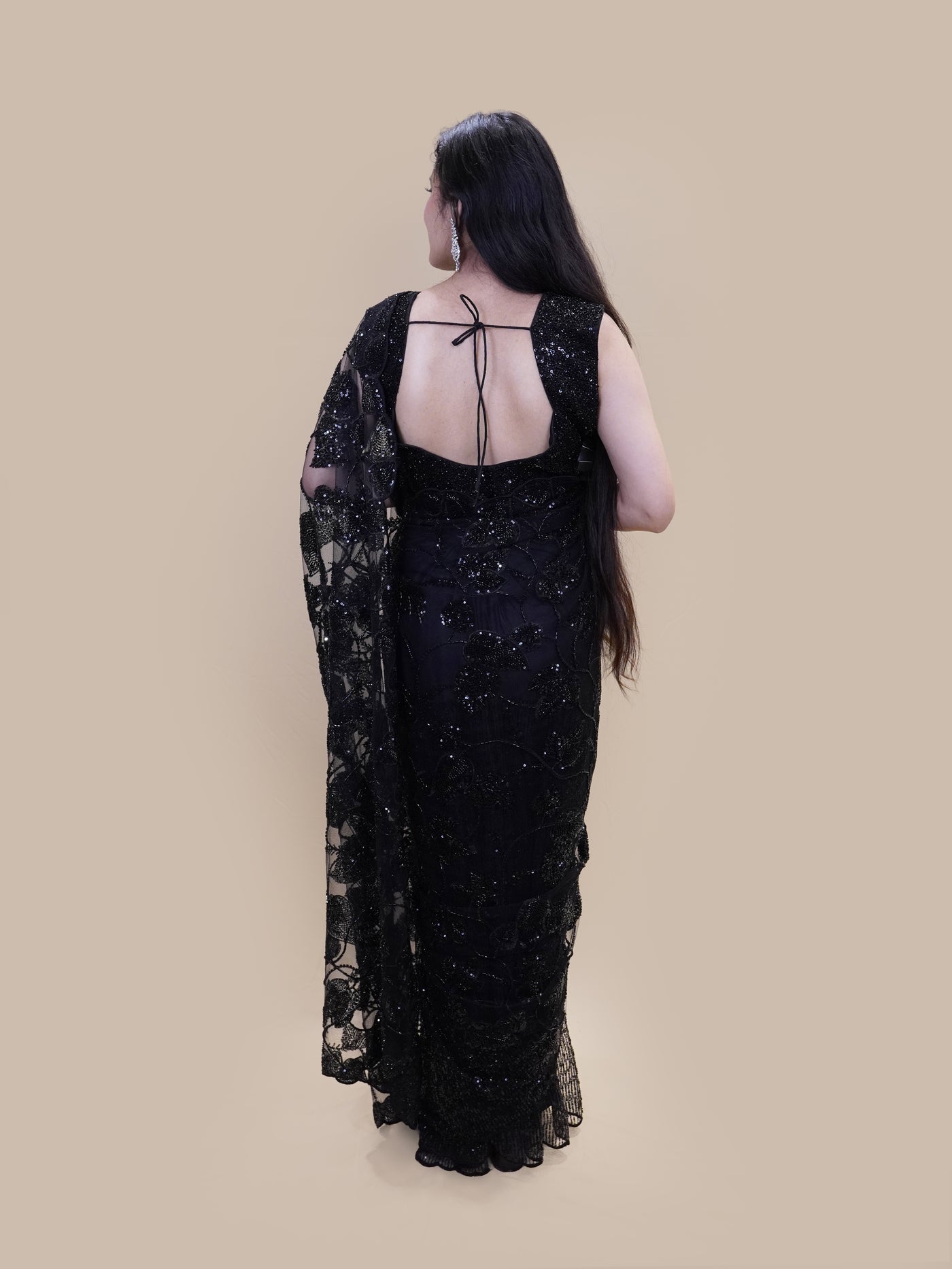 Black Net Saree with Heavy Silver Sequined Border (25407 GS-140)