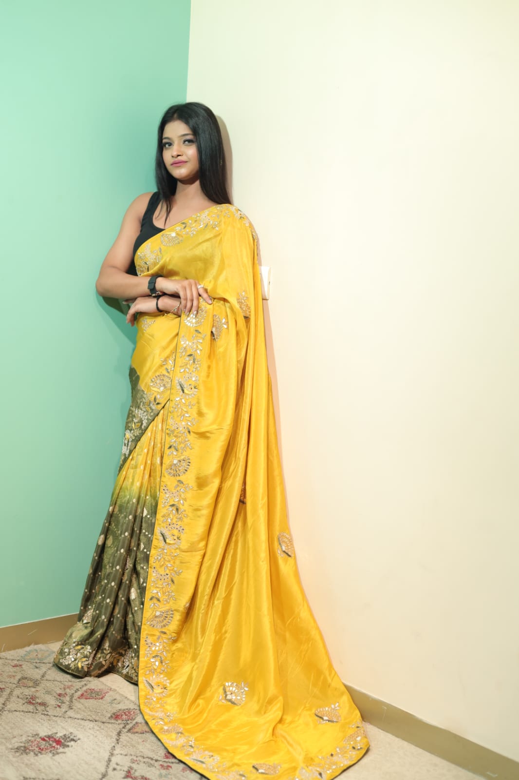 Olive Green and Yellow Banarasi Silk Saree with Embellishments