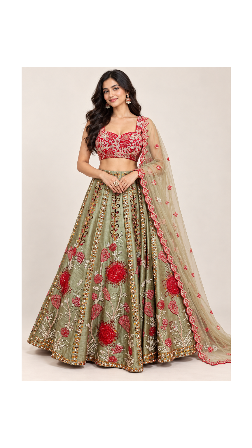 Sage Olive & Crimson Floral Embroidered Bridal Lehenga Set