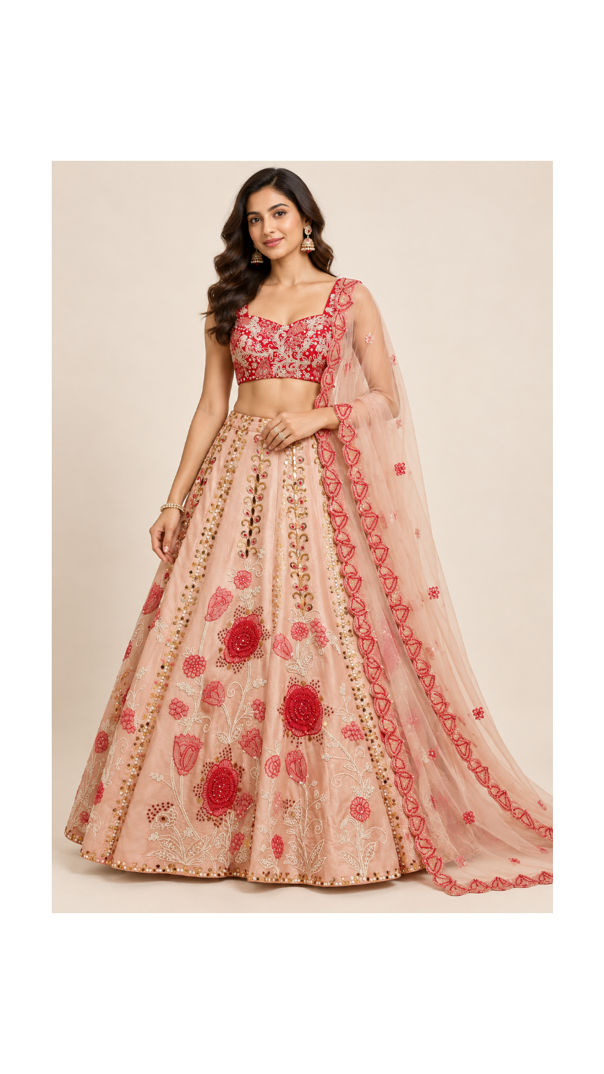 Blush Peach & Crimson Floral Embroidered Bridal Lehenga Set