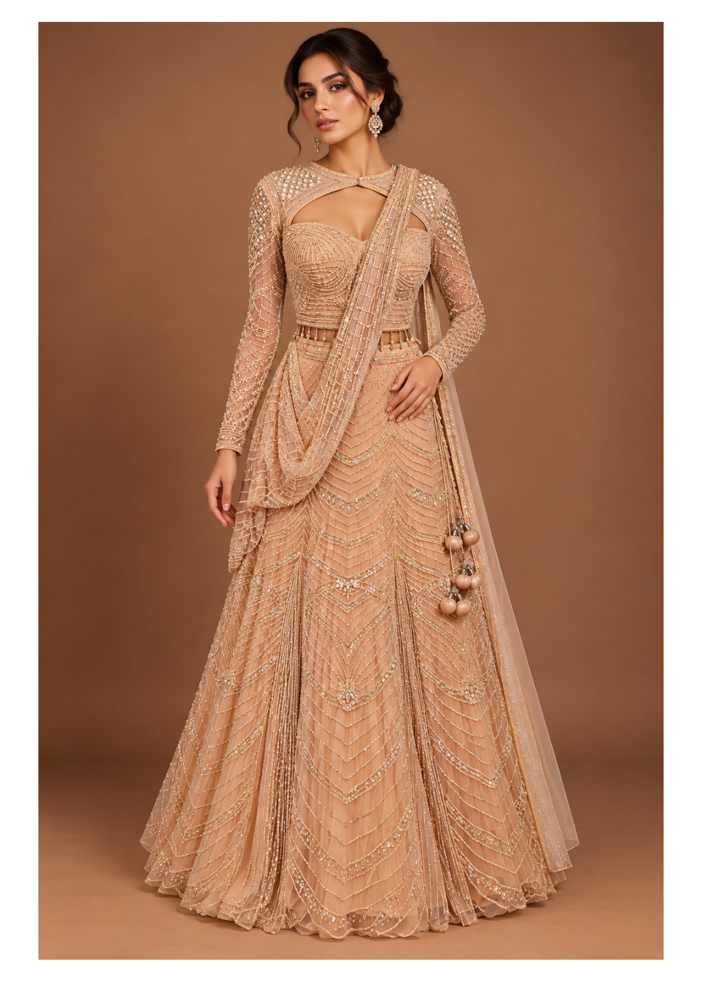 Champagne Gold Embroidered Draped Bridal Lehenga
