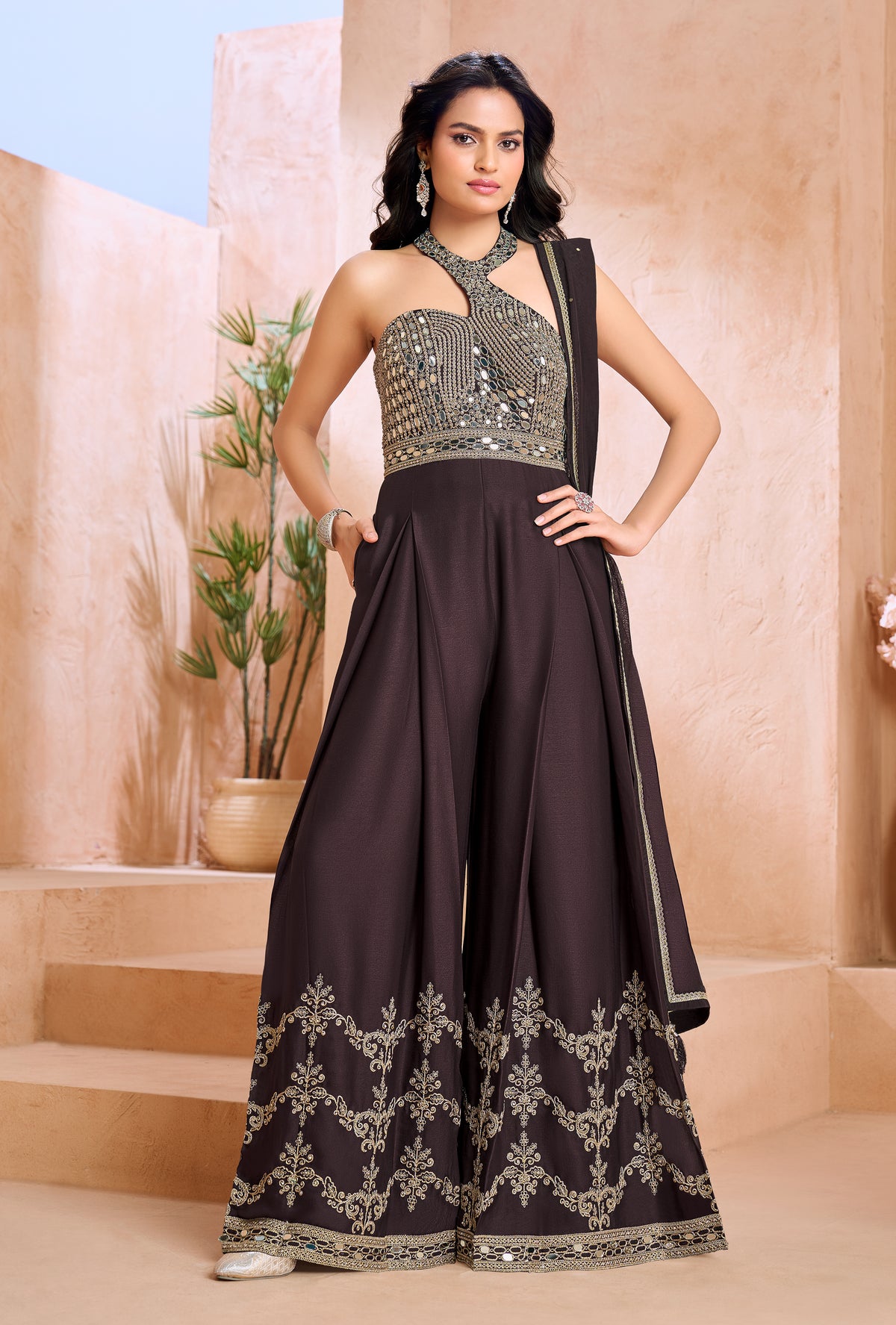 Espresso Brown Embellished Jumpsuit with Attached Drape Main image