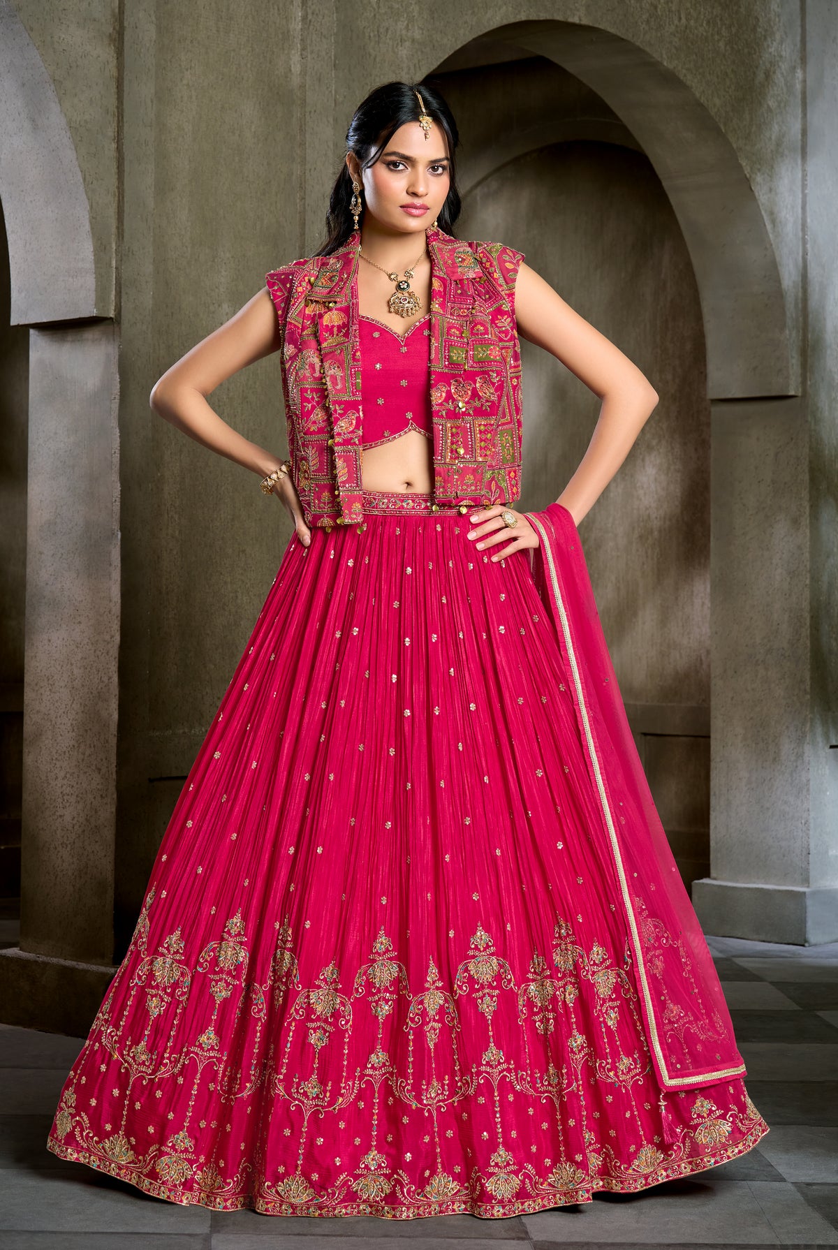 Rani Pink Pleated Lehenga with Heritage Patchwork Jacket Set