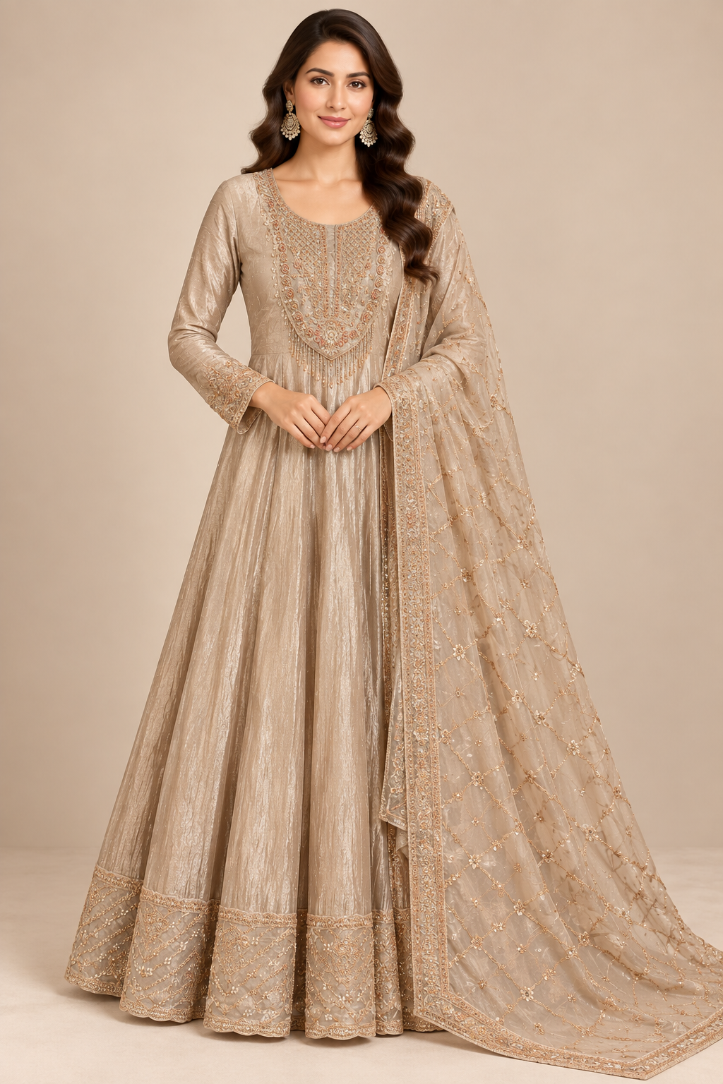 Champagne Beige Crushed Tissue Silk Kalidar Anarkali Gown Set with Embellished Net Dupatta Main image