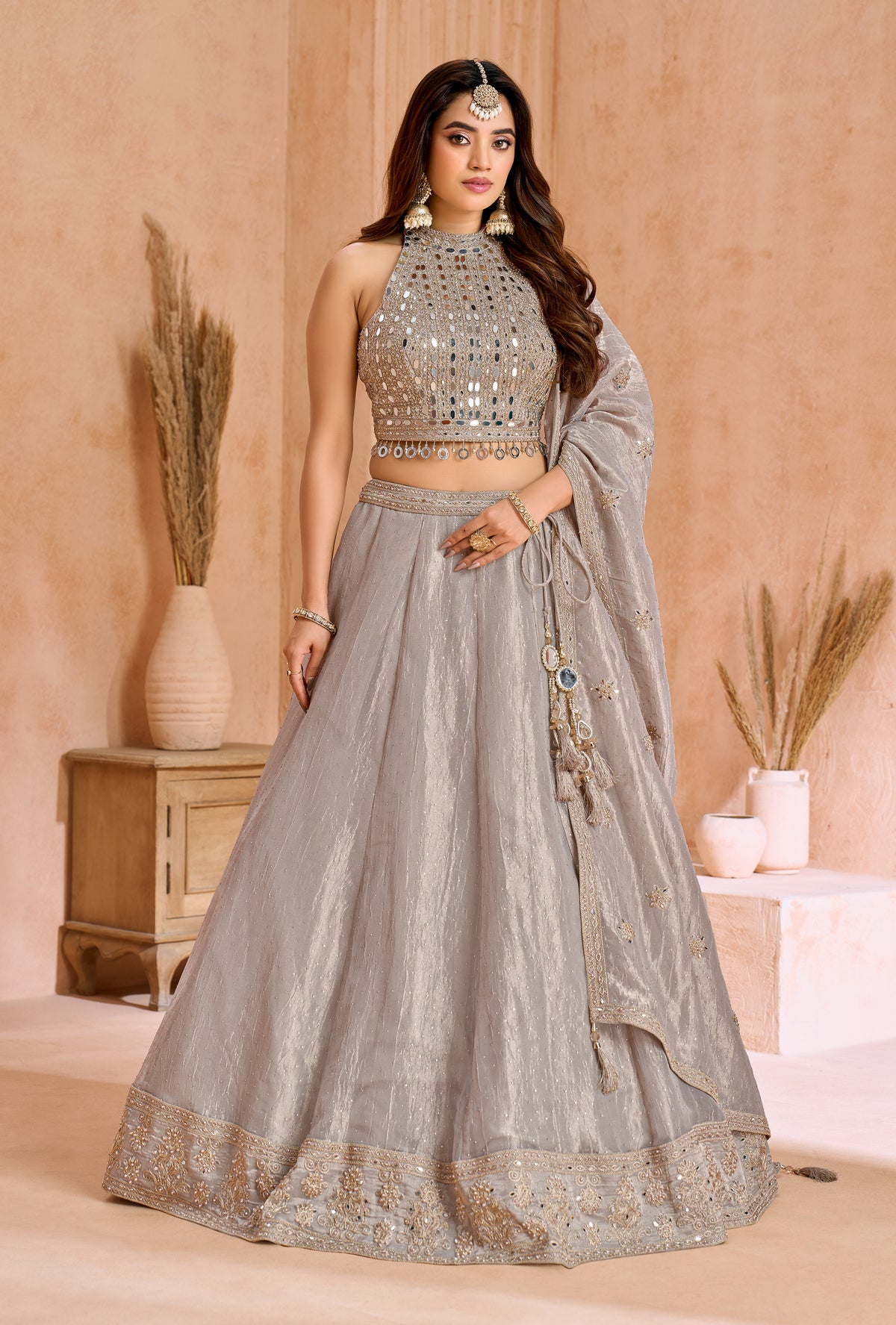 Silver Mist Mirror-Embellished Halter Bridal Lehenga Set Main image