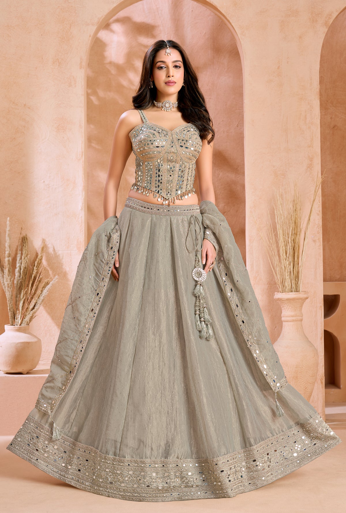 Sage Grey Mirror-Embellished Corset Bridal Lehenga Set