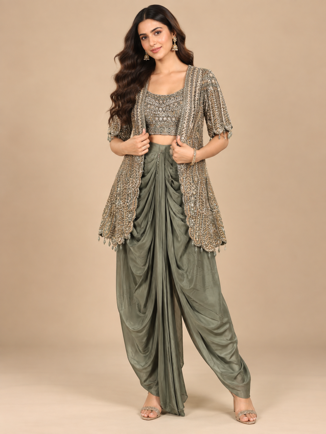 Sage Olive Draped Dhoti Pant Set with Embellished Bustier & Open-Front Jacket Main image
