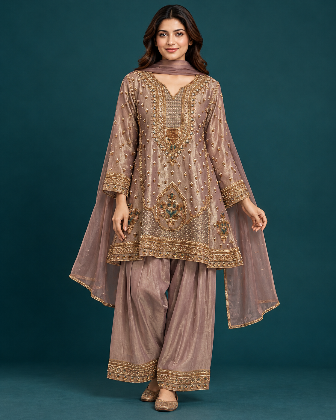 Mauve Taupe Embroidered Tissue Salwar Set Main image