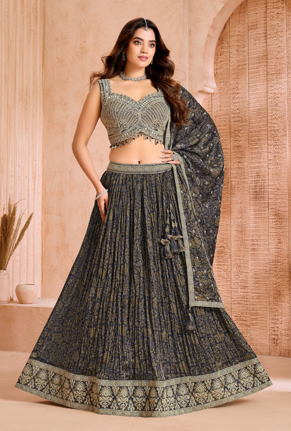 Charcoal Slate Printed & Embroidered Pleated Bridal Lehenga Set Main image