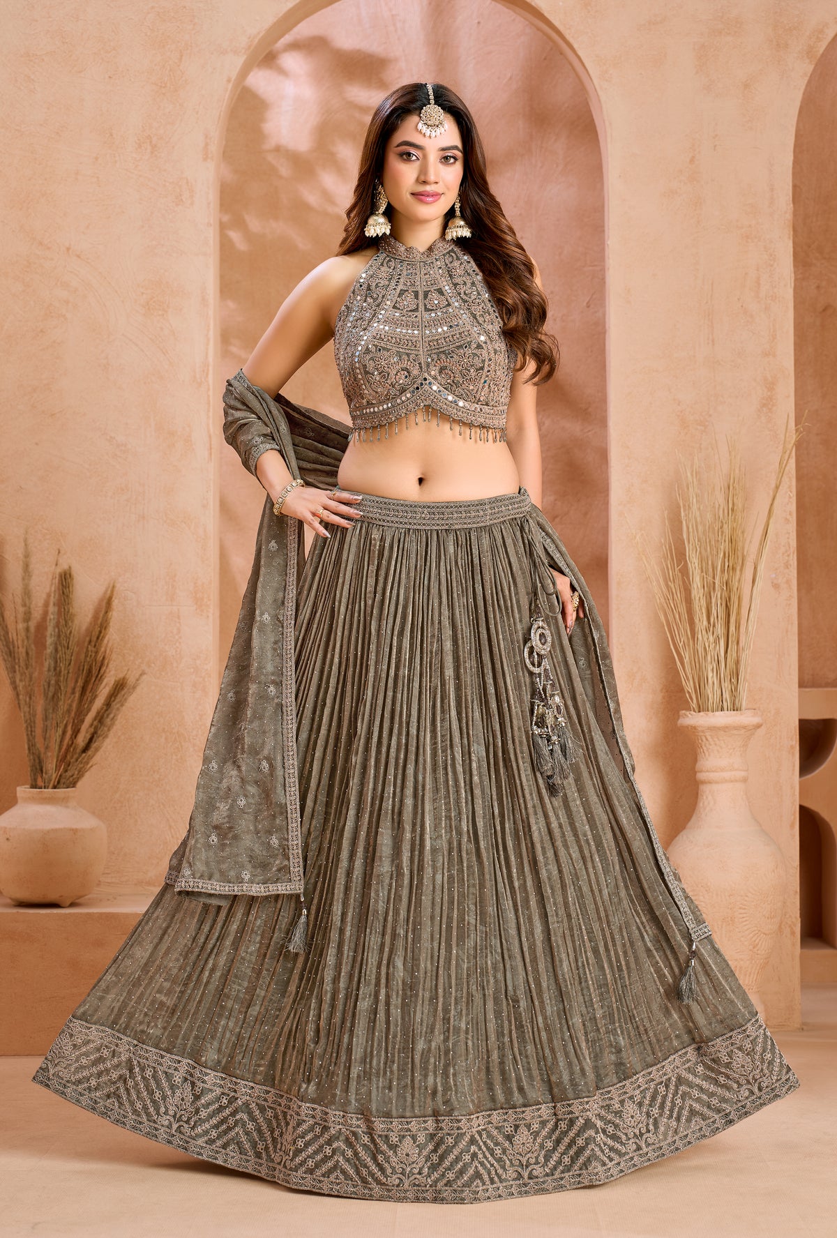 Muted Olive Grey Pleated Halter Bridal Lehenga Set