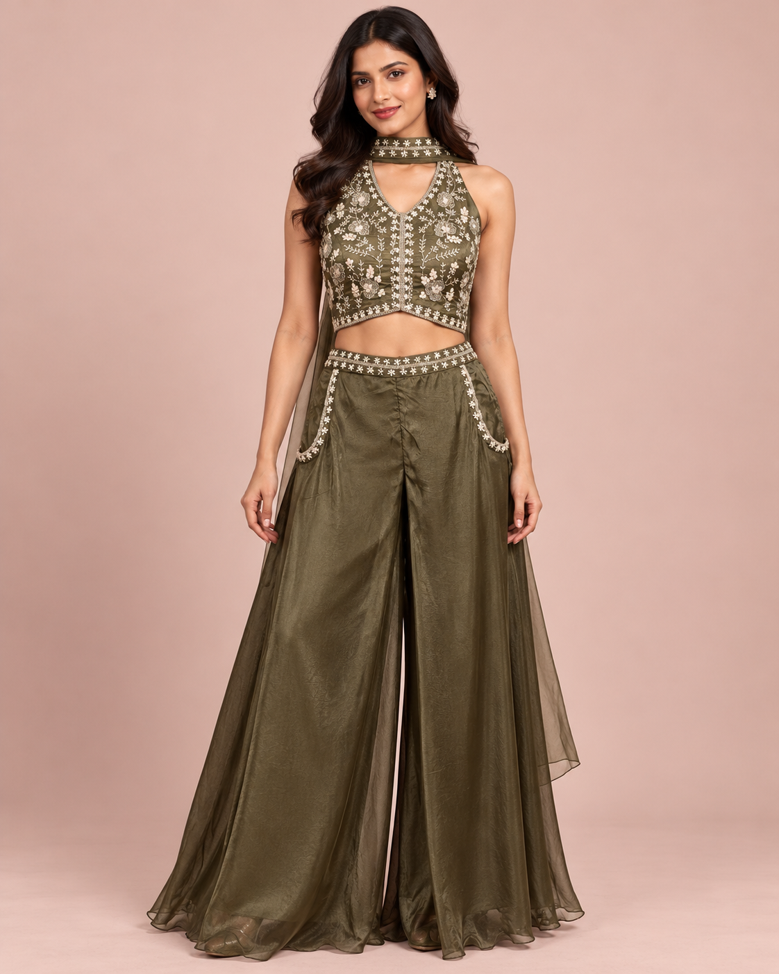 Olive Green Embroidered Halter Palazzo Set