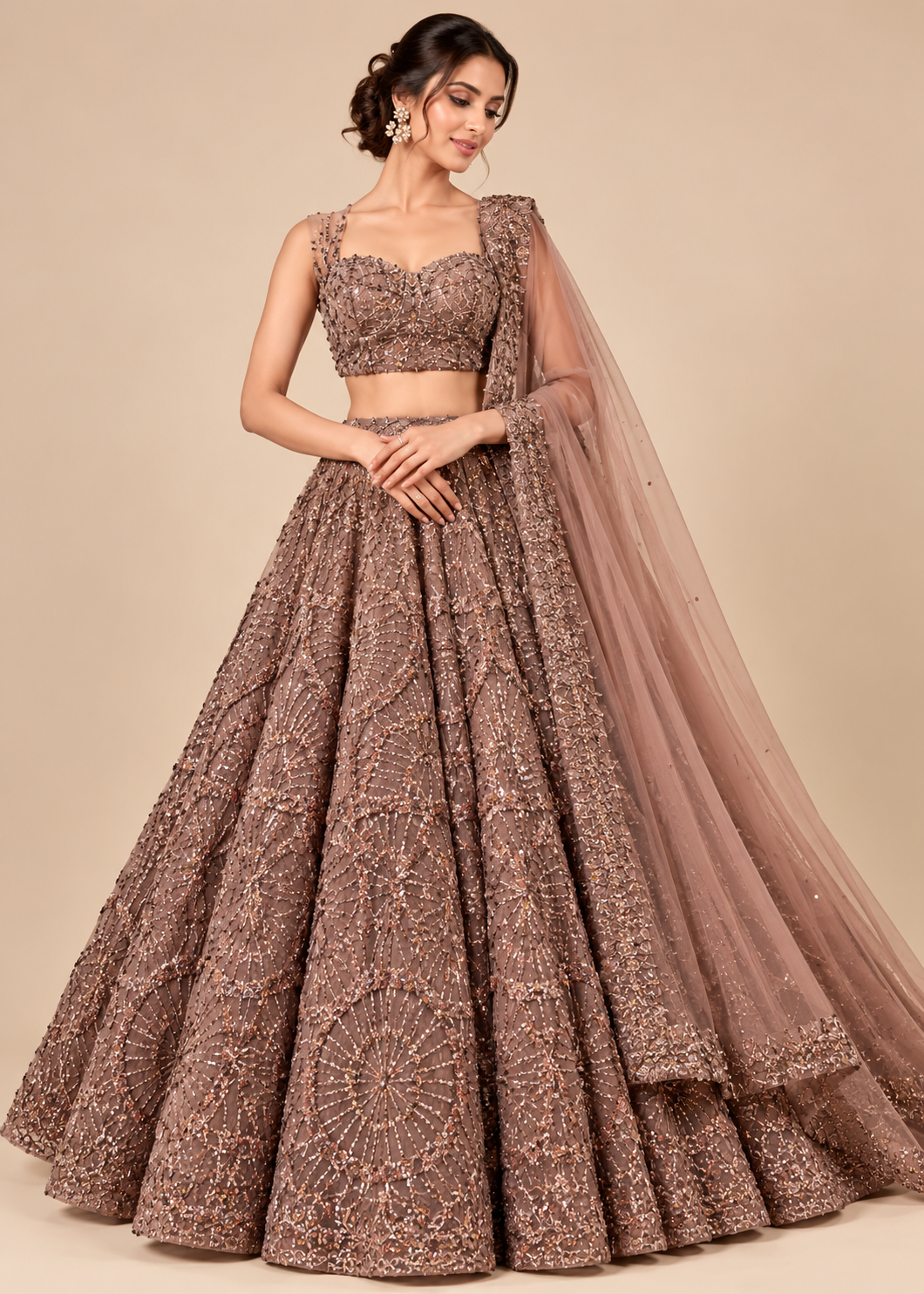 Mocha Brown Embellished Lehenga with Dupatta