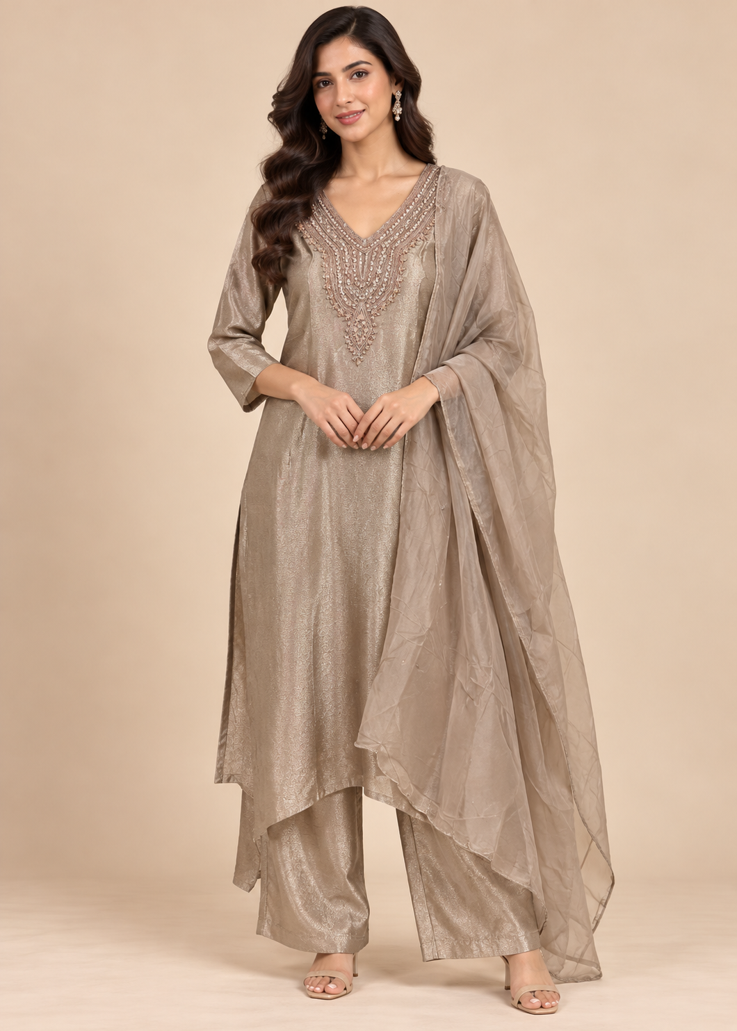 Champagne Taupe Zardozi Tissue Suit Set Main image