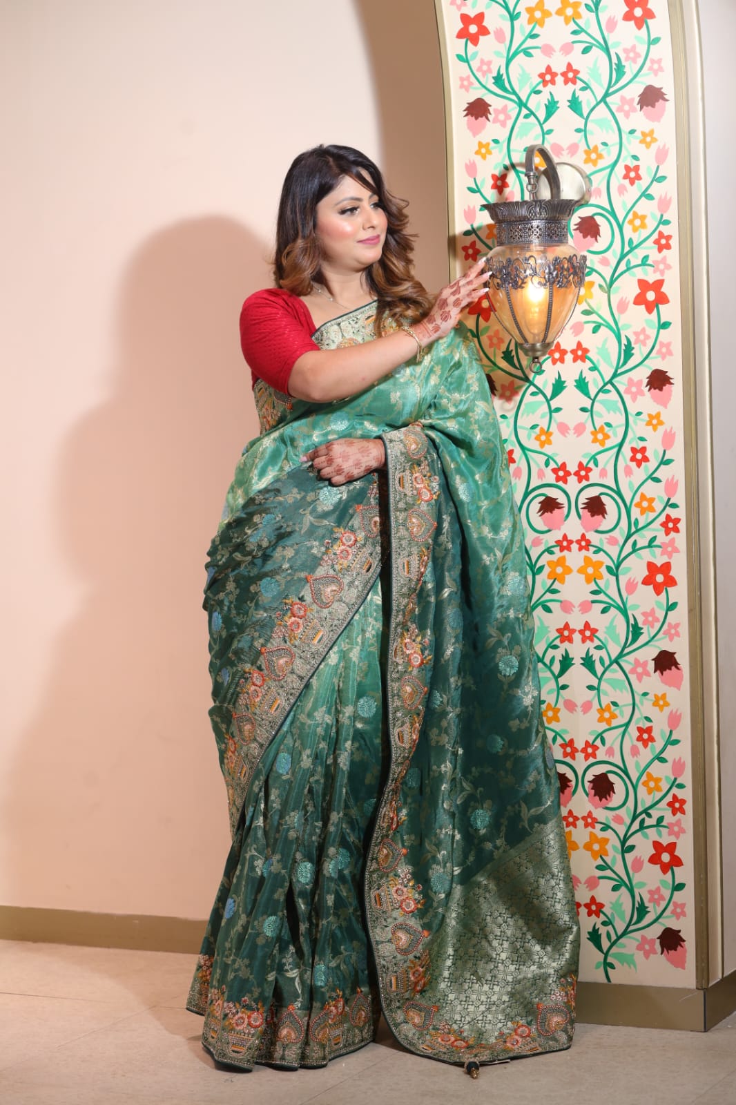 Elegant Chinon Saree in Pine and Sea Green