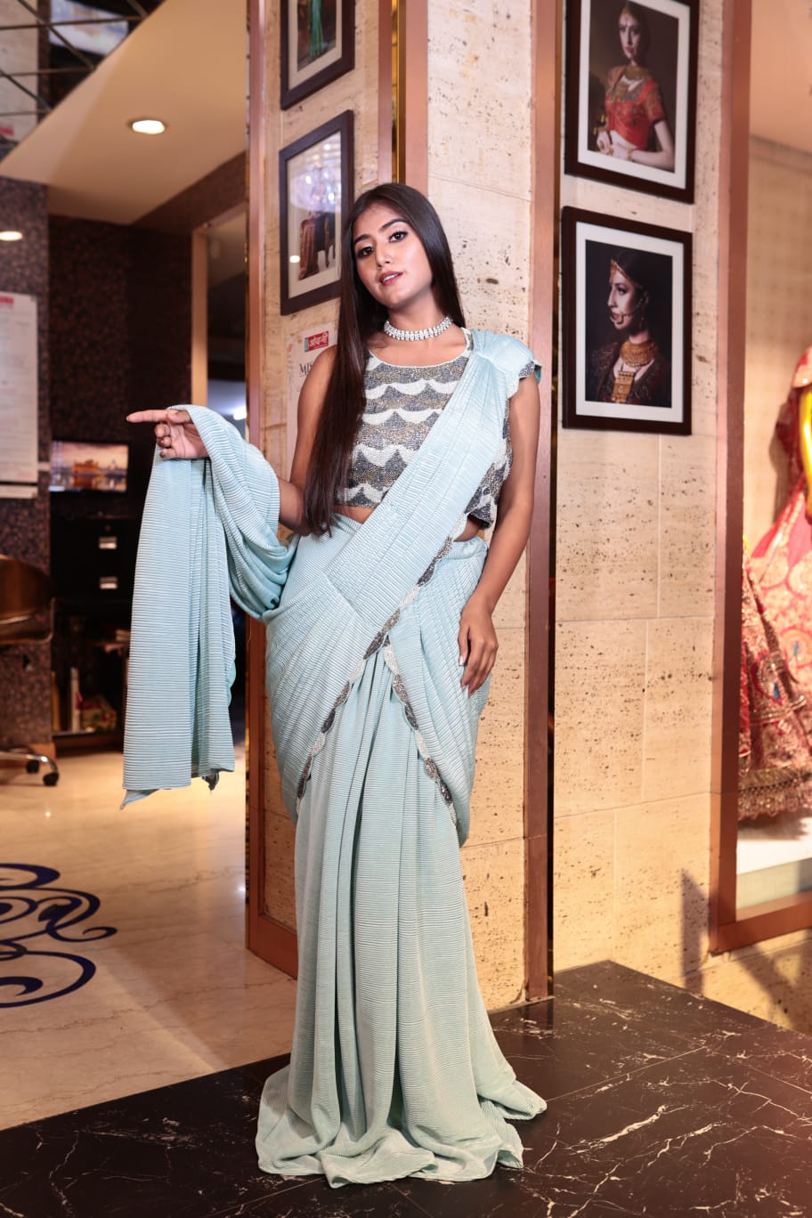 Elegant Sky Blue Crush Tissue Saree